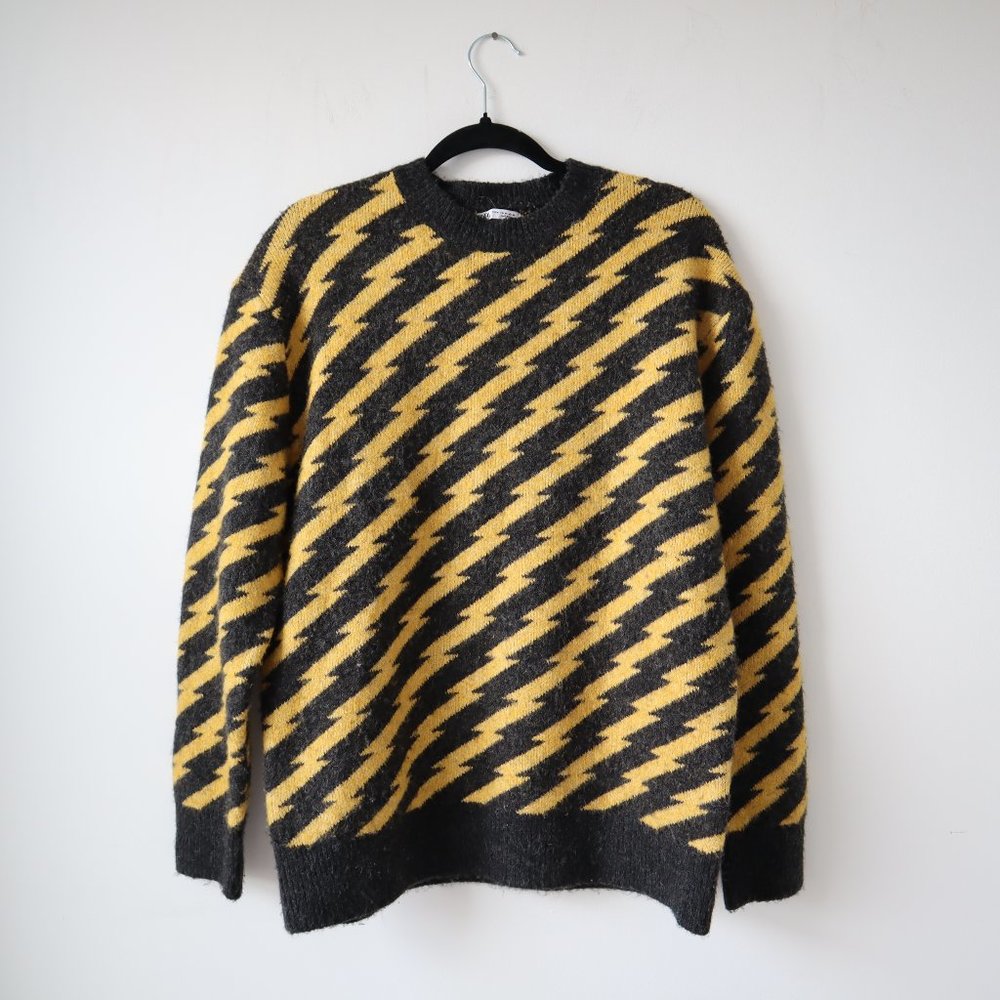 Zara Black and Yellow Lightning Pattern Fuzzy Sweater, Size Medium